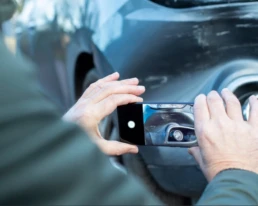 Specialist Autoschadecalculatie maakt met een smartphone een foto van de voorkant van een auto, waarbij vooral de koplamp en bumper zichtbaar zijn.